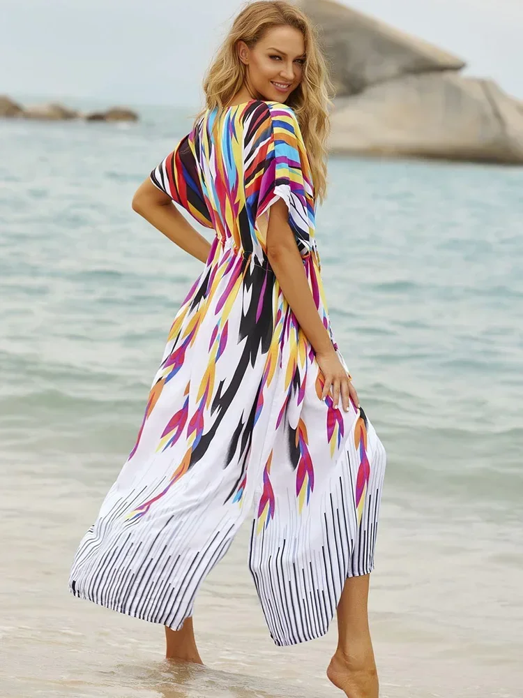 2025 nieuwe Regenboog kleur Beach Cover-Ups Vrouwen Gewaad Lace Up Plus Size V-hals Strand Lange Jurk Zomer Mode badpak Cover Up