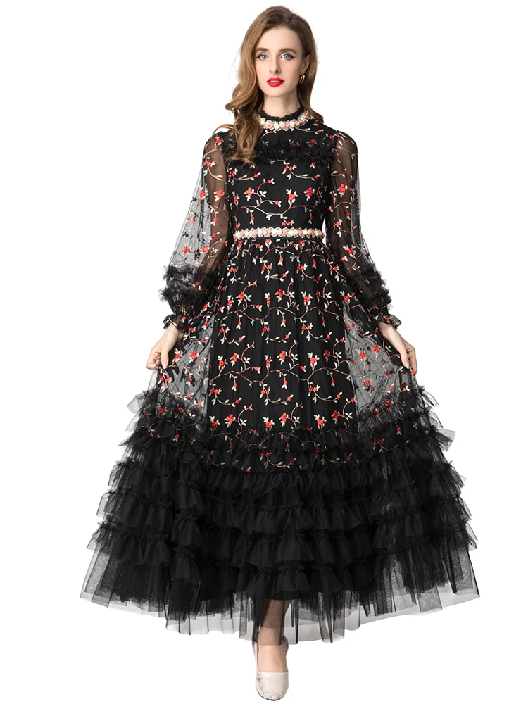 DSFACAIRIJ Women's Vintage Floral Embroidery Maxi Dress Stand Collar Lantern Sleeve Ruffles Appliques Mesh Autumn Female