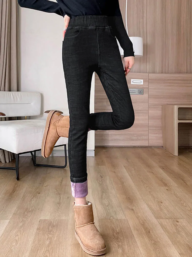 กางเกงยีนส์ผู้หญิงทรงสกินนี่เอวสูงบุผ้ากำมะหยี่หนานุ่มสไตล์เกาหลีแฟชั่นวินเทจสีพื้น