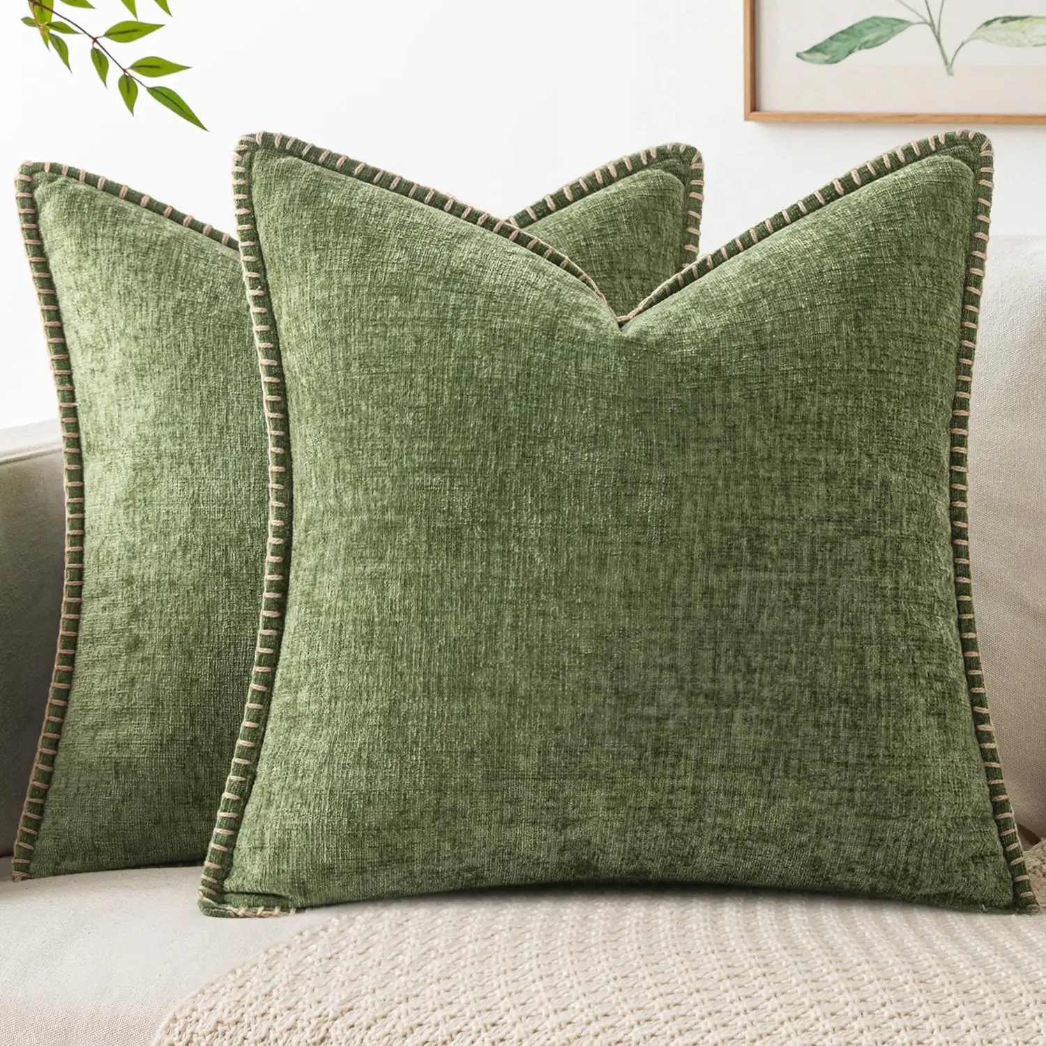 Pack of 2 Sage Green Chenille Pillow Covers, 18x18 Inch Farmhouse Style with Stitched Edge for Sofa Bed Living Room