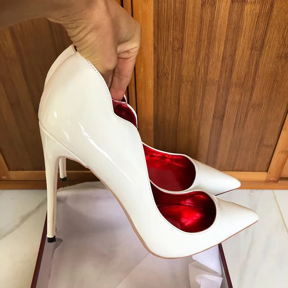 Heelgoo Glossy White Elegant Fashion Curl Cut Women Pointy Toe 12cm High Heel Shoes Sexy V Cut Lady Wedding Stiletto Pumps