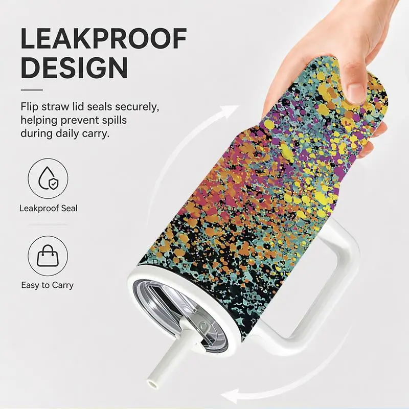1pc 40Oz 304 Stainless Steel Handheld Cup Colorful Abstract Paint Splatter Pattern Insulated Tumbler with Handle And Straw for Home Office Travel Outdoor Suitable Gifts for Halloween Christmas And Other Special Festivals