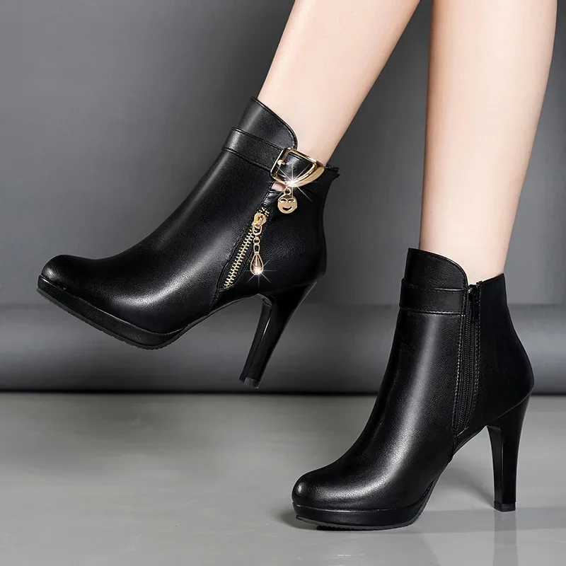 Sexy Black High Heels Ankle Boots for Women Classic Autumn Winter Platform Boots Woman Zipper Keep Warm Short Boots