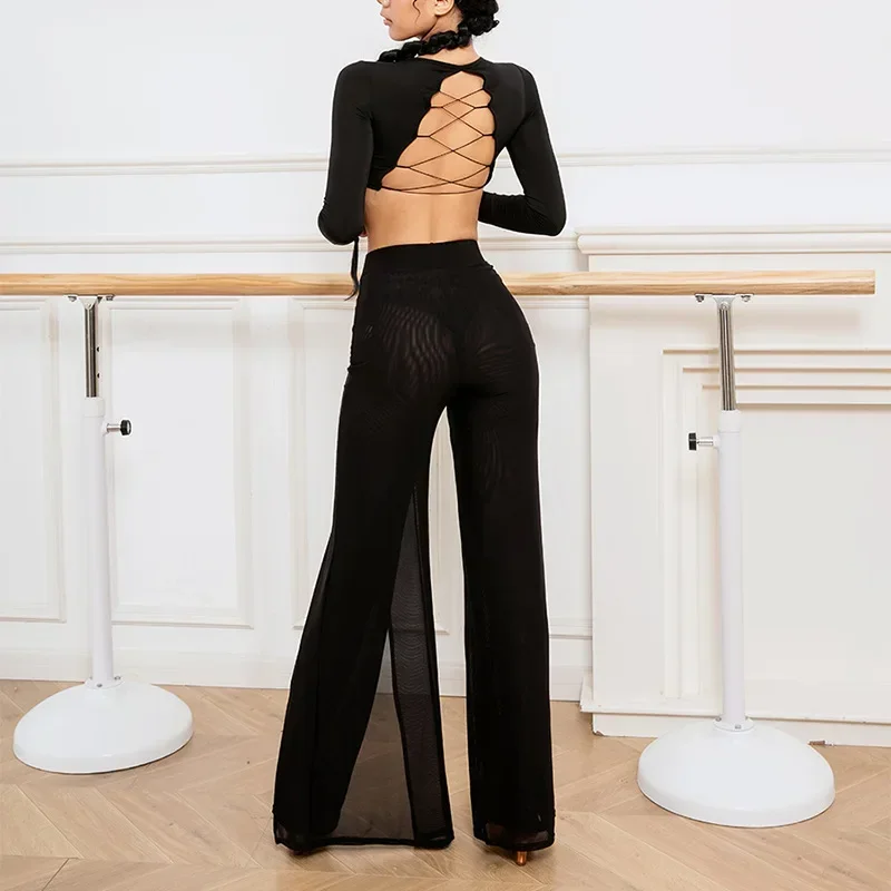 Pantalon de danse latine noir pour femmes, taille haute, 2 couches, maille, jambes larges, léopard, pantalon de pratique latine, vêtements de danse de salle de bal Cha Cha