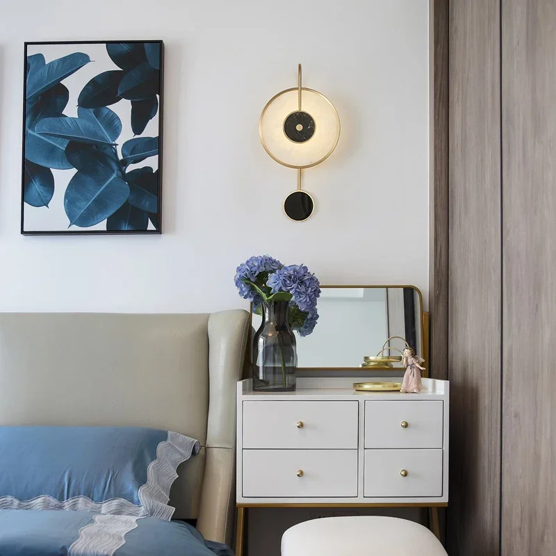 Nordic postmodern hotel marble wall lamp background wall clock pendulum living room bedside study decorative wall light