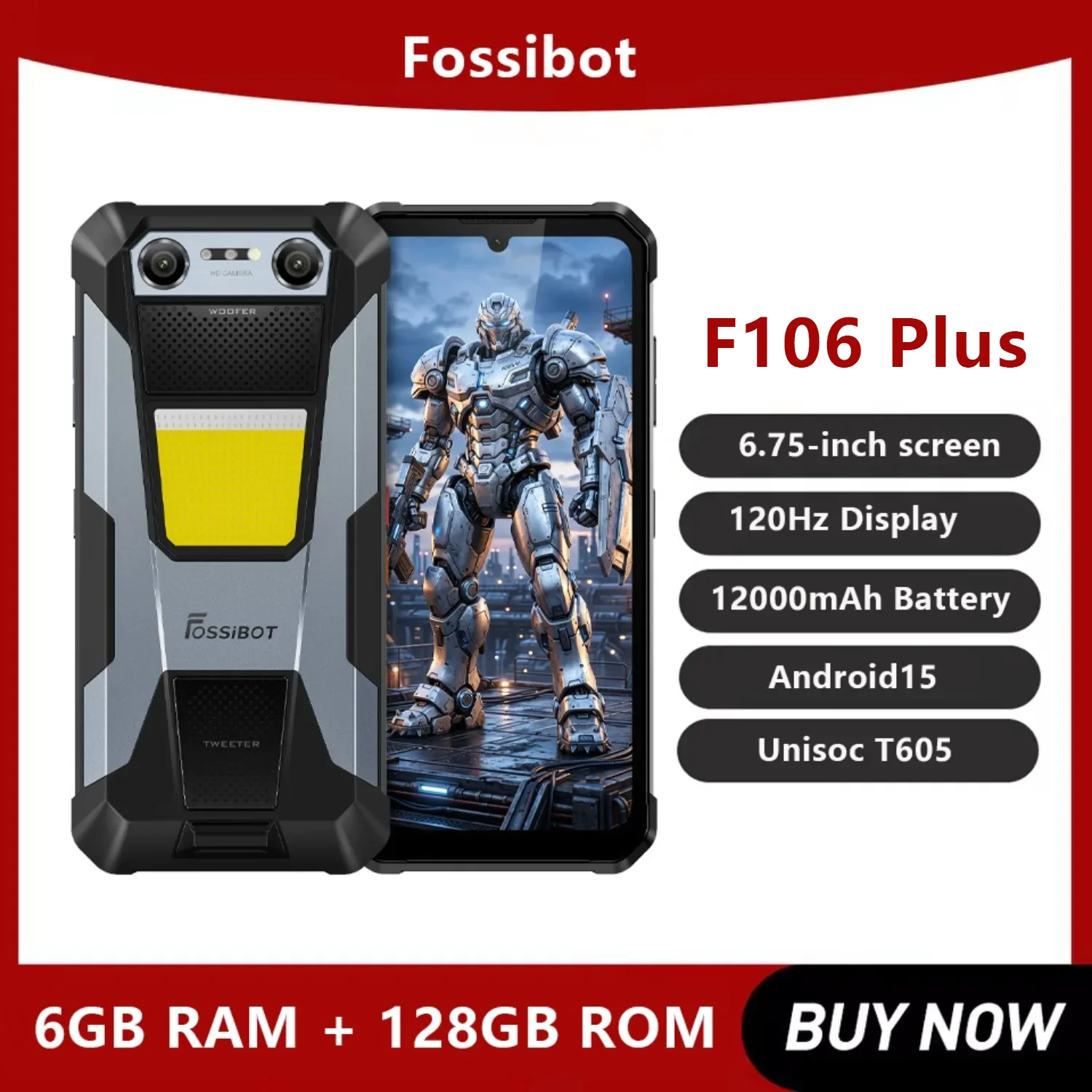 NEW Fossibot F106 Plus Rugged Phone Unisoc T605 4G 125dB Dual Speaker Camping Light 6GB+128GB 6.75Inch 120Hz  12000mAh Android15
