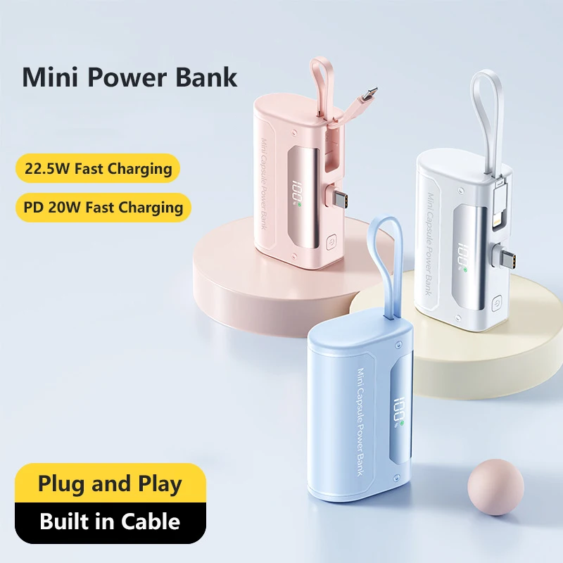 

Mini Capsule Power Bank 10000mAh with Type C Cable Plug 22.5W Fast Charging External Battery for iPhone 17 16 15 Xiaomi Samsung