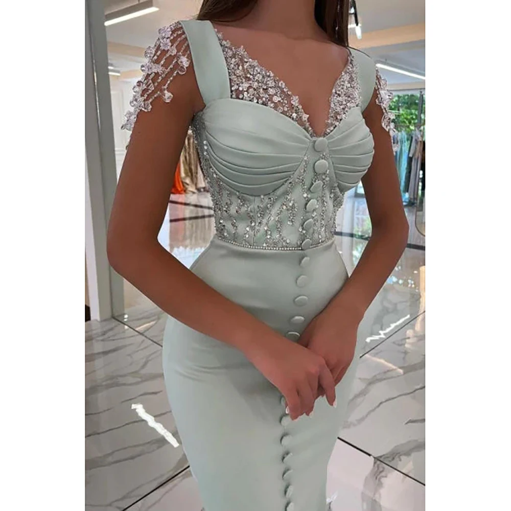 Elegant Women Evening Dress Green V-Neck Sweep Train Sleeveless Appliques Sequined Special Occasion Luxury Vestidos de Festa