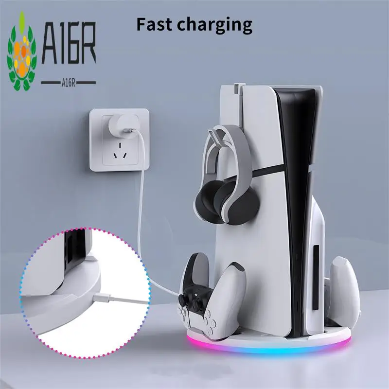 

A16R-For PS5 Slim Console Storage Dock With RBG Light Handle Dock Charger + Hook Multifunctional Convenient Console Dock