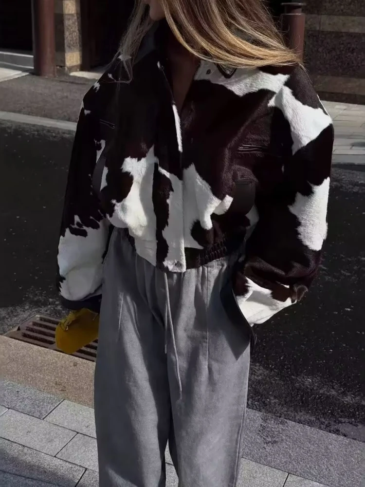 Pu-Leder Vintage Braun Damenjacke Revers Reißverschluss Milchmuster Taschen Volle Hülse Damenmäntel 2025, Winter Damenmantel