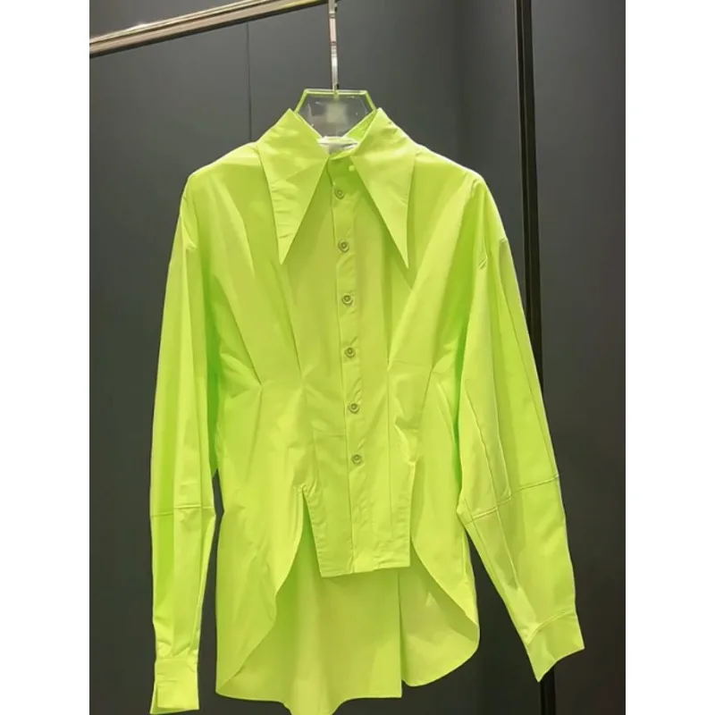 

New early spring women's 2024 fashionable fluorescent green shirt waist versatile button asymmetric top