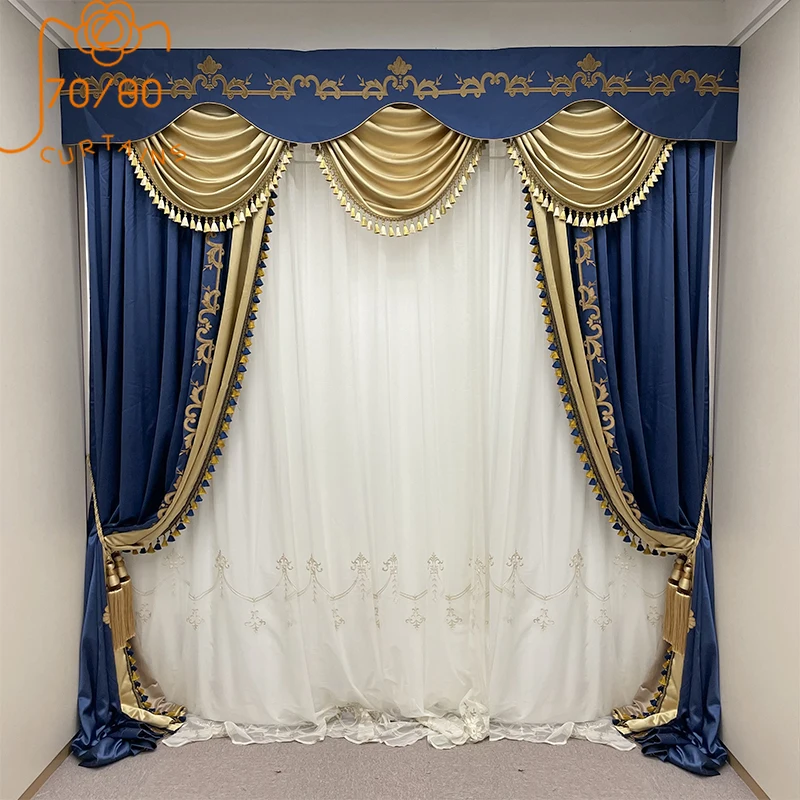 

European Blue Embroidered Patched Curtains for Living Room Bedroom Blackout Customized Curtains French Window Villa Valance