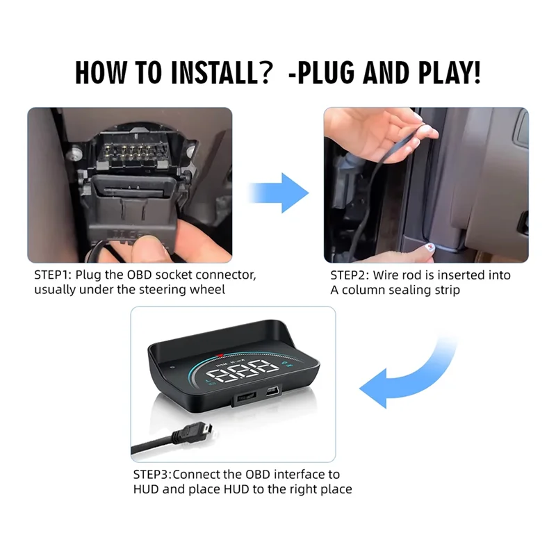 A03Z-OBD عداد السرعة للسيارة HUD للزجاج الأمامي، شاشة رقمية ذكية للسرعة ودرجة حرارة الماء والجهد