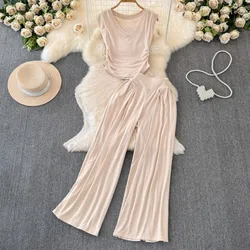 Summer Women Fashion New Solid Chic Pantsuit Vintage Casual Crop Tops Wide-Leg Pants Two Pieces Set Female Clothes New Outfits