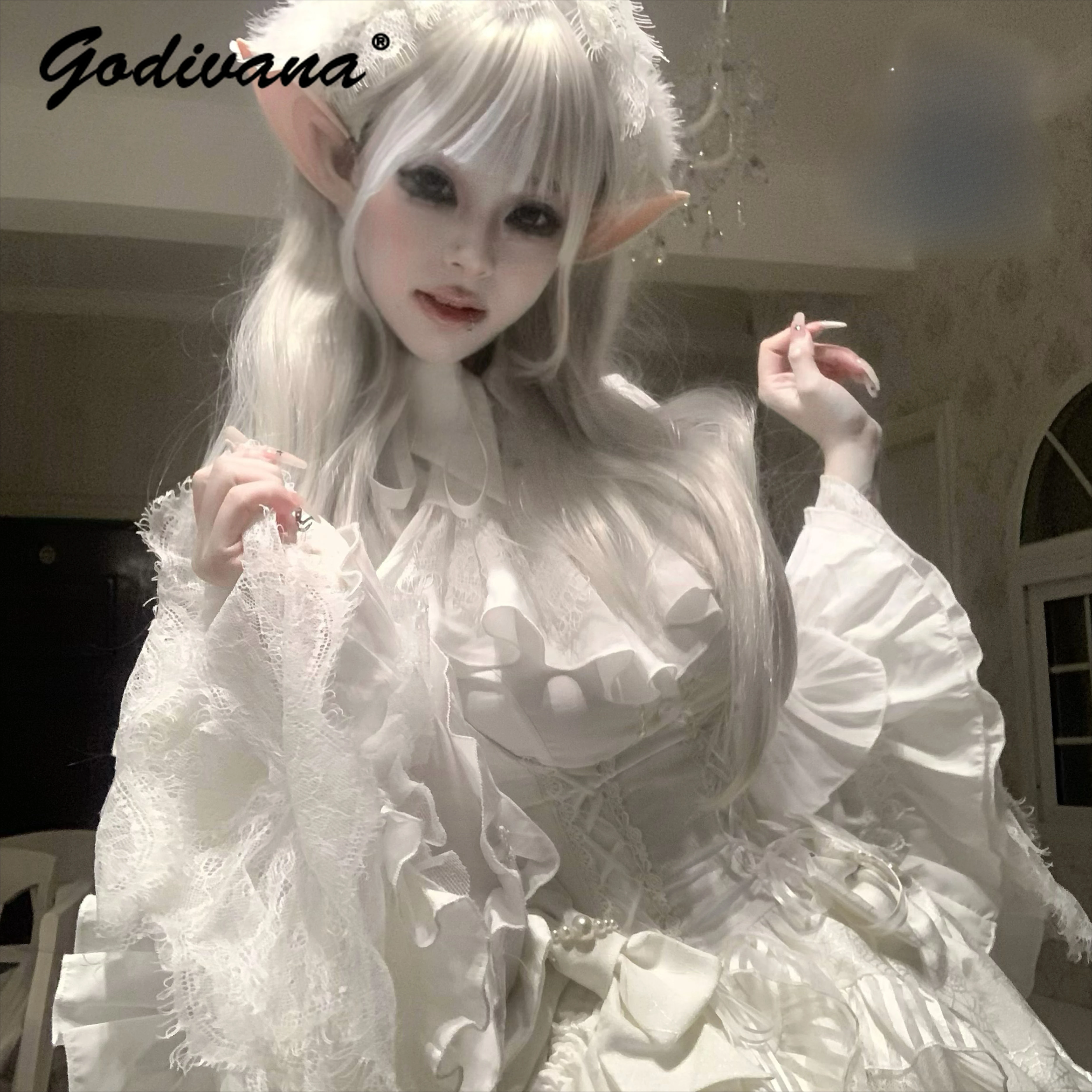 Gothic Lolita Dress Set Original Breast Support Lace Bow Sweet Jsk Dress Long Sleeve Shirt Rhinestone Tassel Skirt Women Outfits