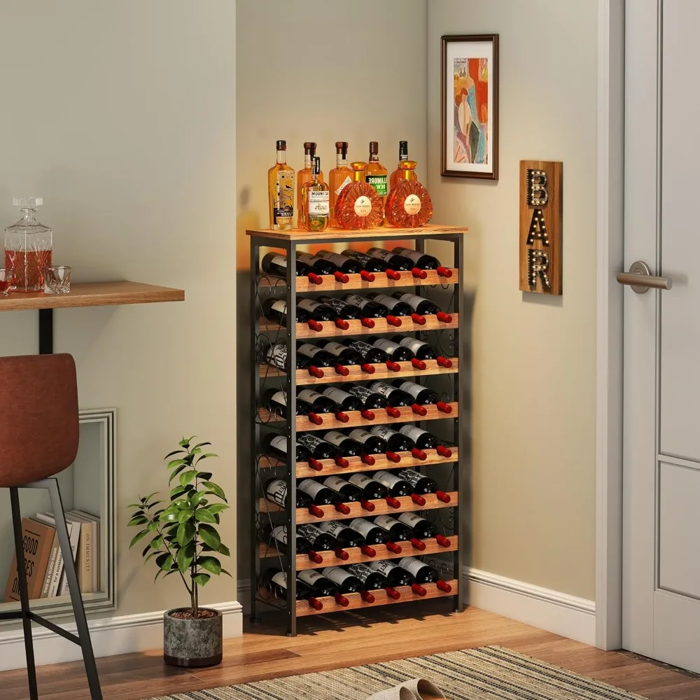 Pavimento Wine Rack com Top de Madeira, Autoportante Vinho Garrafa Organizador, Wobble-Free Prateleira, 8 Tier Wine Display, Suporte De Armazenamento