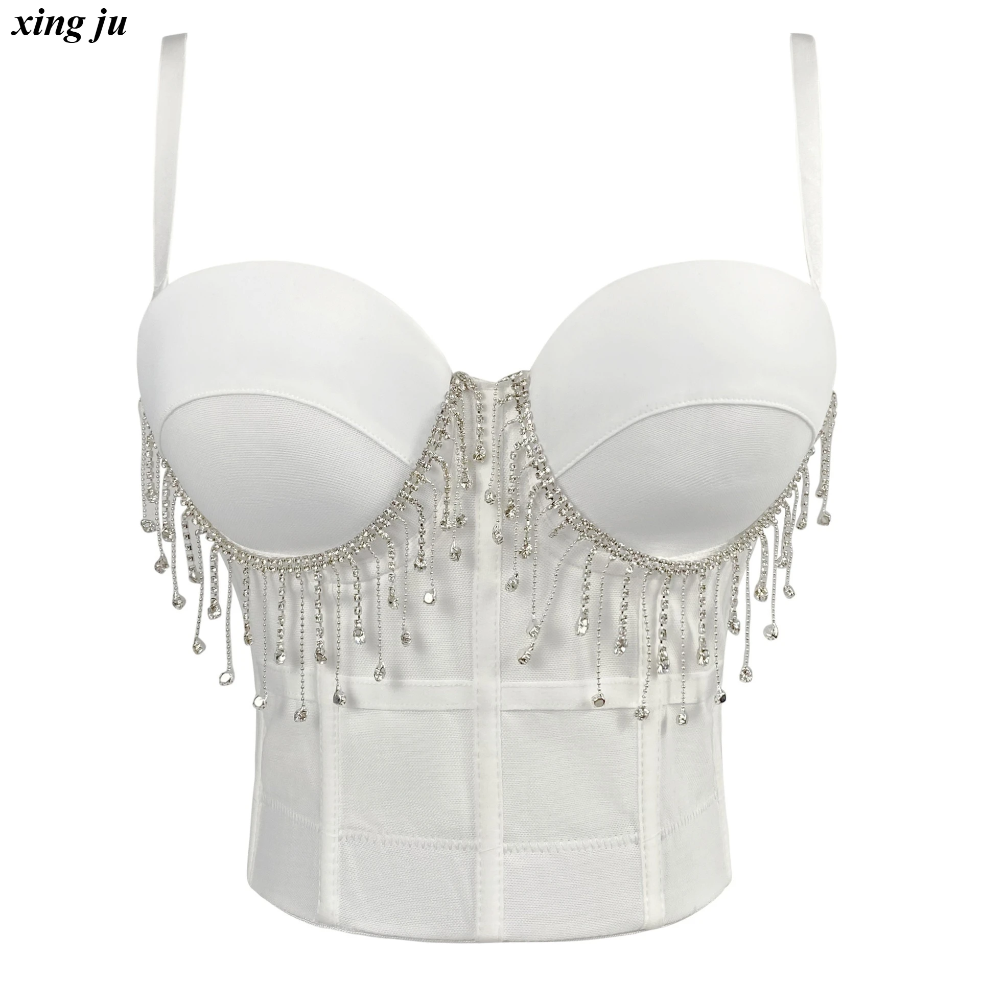 

Xing Ju Female Singer Nightclub Tassels Sexy Rhinestone Crop Tops Jazz Dance Backless Vest Women Nightclub DJ Performance Wear