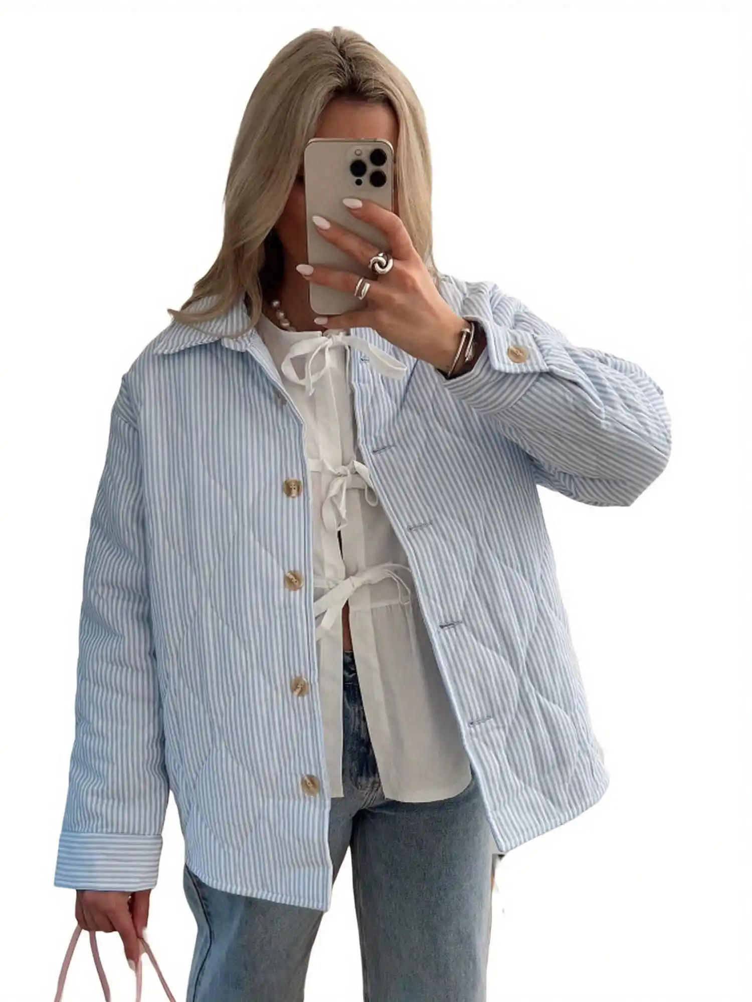 

Women's Striped Quilted Puffer Jacket with Turn-Down Collar and Front Buttons, Fall Winter Long Sleeve Outerwear