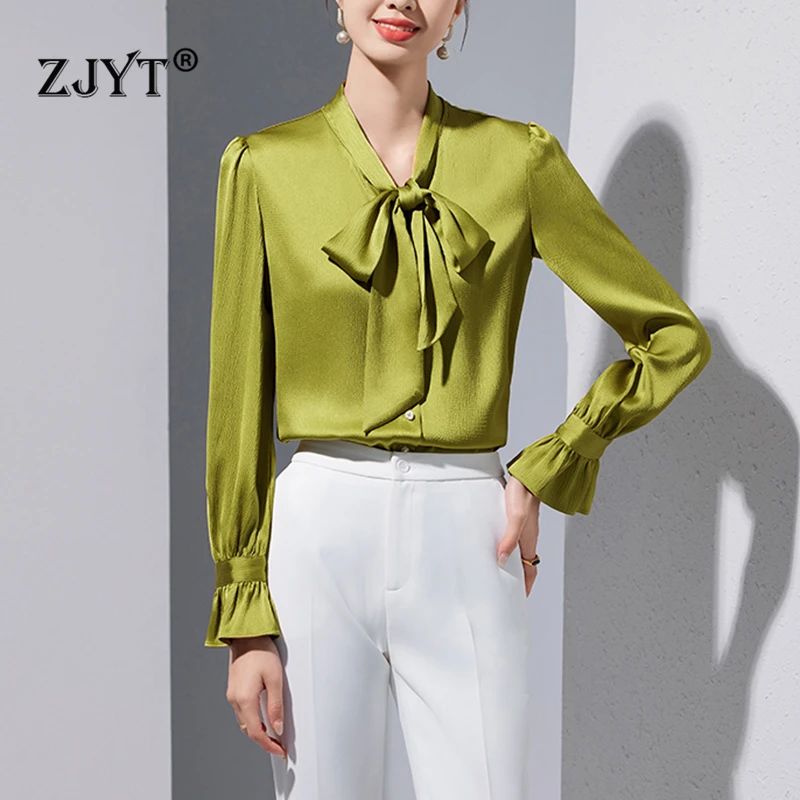 ZJYT Korean Fashion Autumn Women\'s Shirts & Blouses Long Sleeve Bow Collar Solid White Camisas e Blusas Female Tops Plus Size