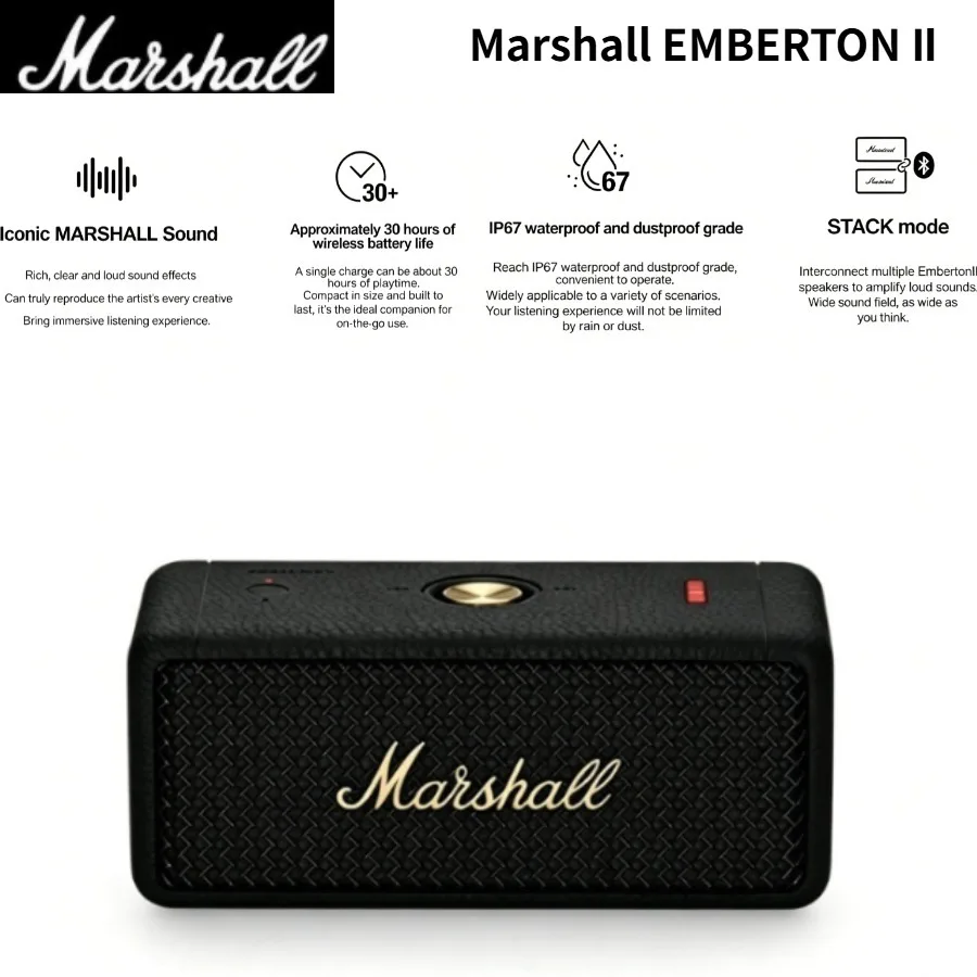 The stylish Marshall Emberton II portable Bluetooth speaker features iconic Marshall sound, IPX7 water resistance