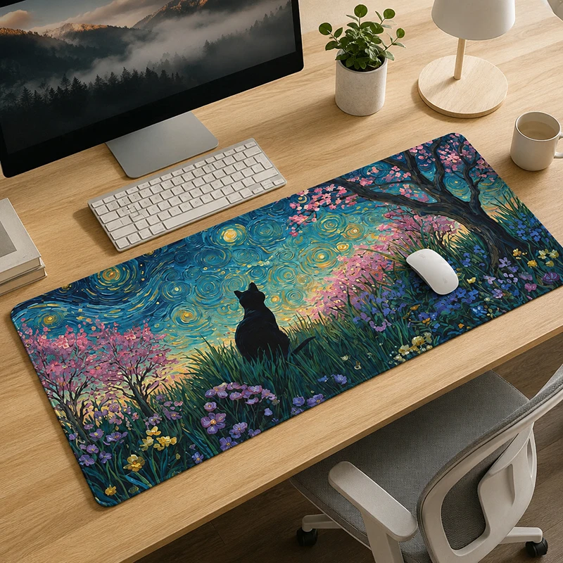 Mouse Pad Gaming Black Cat Starry Flower printon demand Custom Home Computer Mousepad XXL Playmat Desktop Mouse Pad