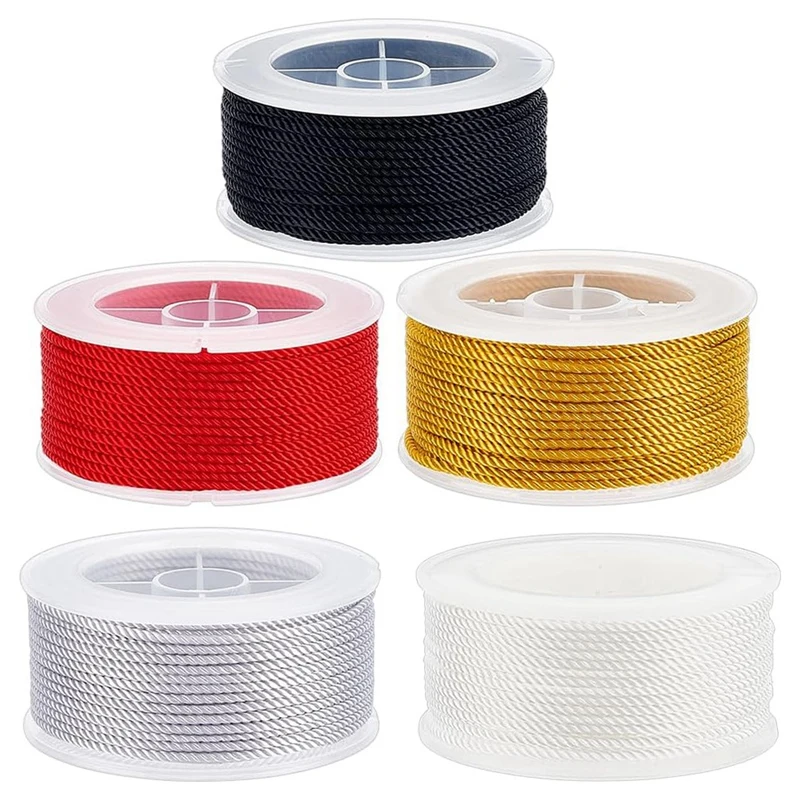 Twisted Nylon Cord 3-Ply Satin Nylon Trim Cord Macrame Thread String Cord Braided Beading Cord,5 Colors