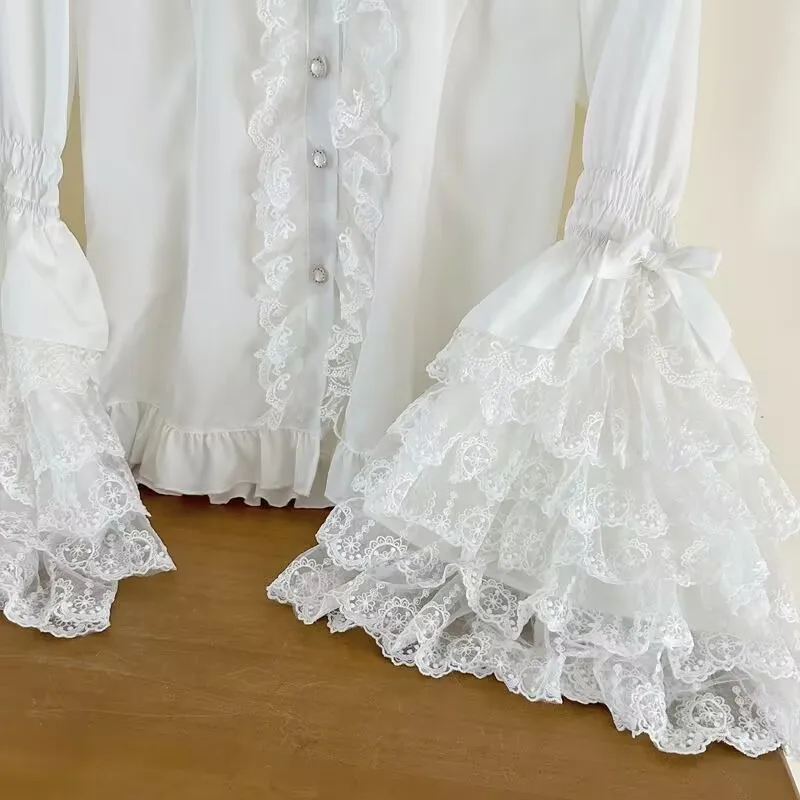 Harajuku أنيقة طويلة الأكمام قمصان بيضاء النساء لوليتا نمط خمر بلوزة القوطية القوس الدانتيل كشكش مضيئة Mujer قمصان Y2k القمم