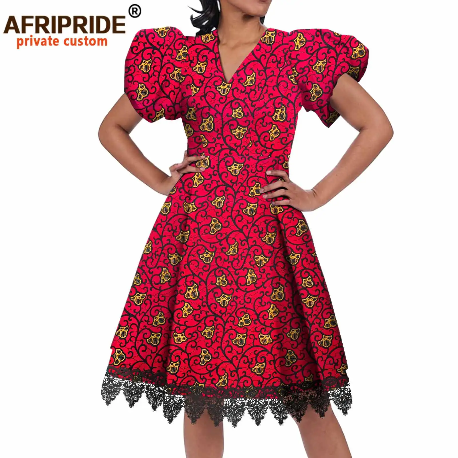 

African Print Dresses for Women Puff Sleeve High Waist V-neck Elegant Fashion Lace Dress Ankara Outfits Bodycon Dress A2125023