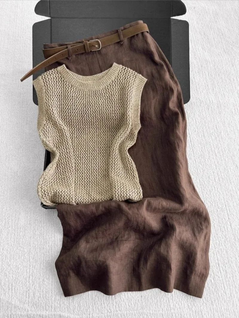 

New Summer Design Women's Two Piece Set Fashion Hollow Out O-Neck Knitted Vest Top + Coffee Color Split Midi Skirt Casual Sets