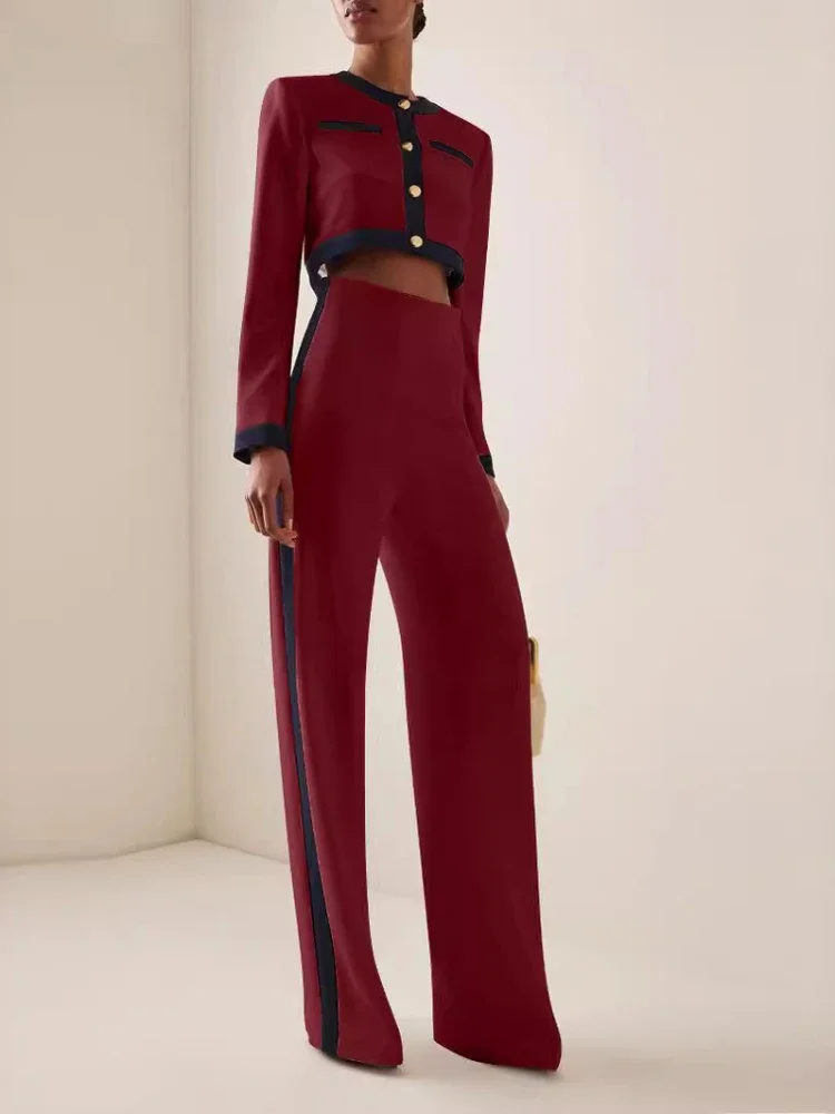 Fashion Two Piece Set Women Round Neck Long Sleeve Patchwork Singe Breasted Button Top Loose Wide Legs Pants Casual Sets Autumn