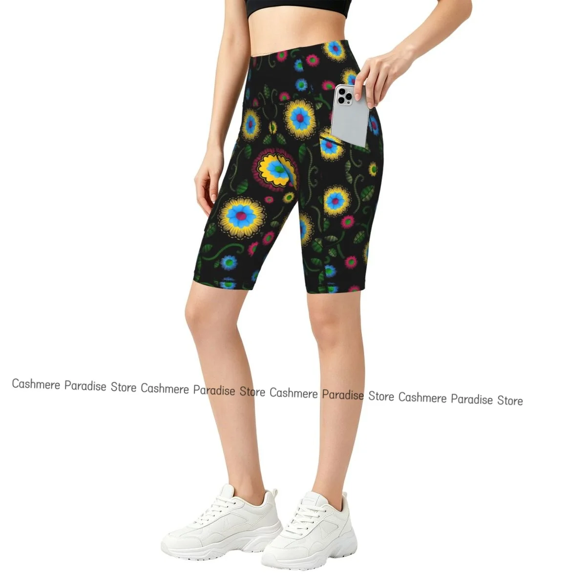 

Double Pocket Sports Shorts Women Elastic Slim Bright Flowers Shorts Gym Exercise Running High Waist Yoga Fitness Shorts