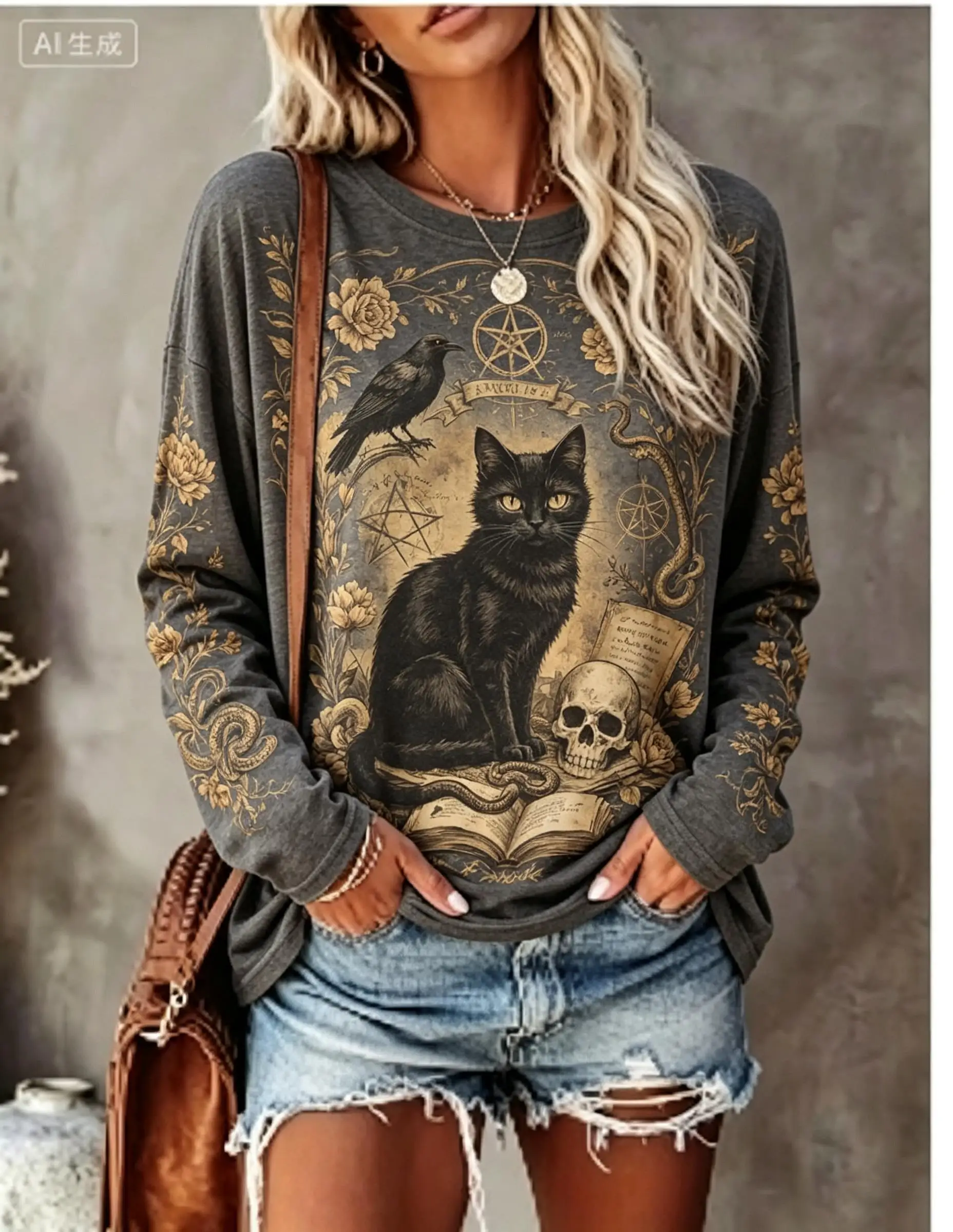 Women Halloween Long Sleeve T‑Shirt Black Cat Pentagram Skull Rose Snake Gothic Print Crew Neck Tops