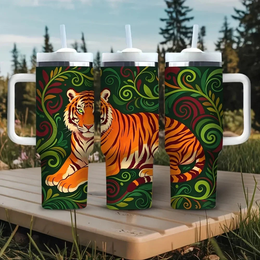 40Oz Tiger Print Tumbler with Handle, Features Orange Tiger on Green Swirl Pattern, Fits Hot And Cold Drinks, Suitable for All People for Outdoor Activities And Daily Use for all Year Round