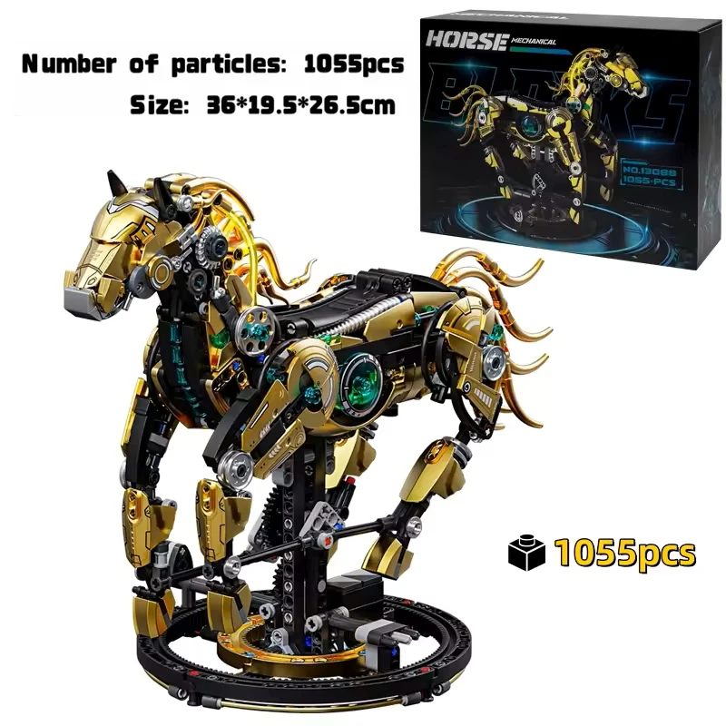 

1055PCS Creative Machinery Horse MOC Building Blocks Movable Joint Animal Models Bricks Set With Light Kid DIY Toys Holiday Gift