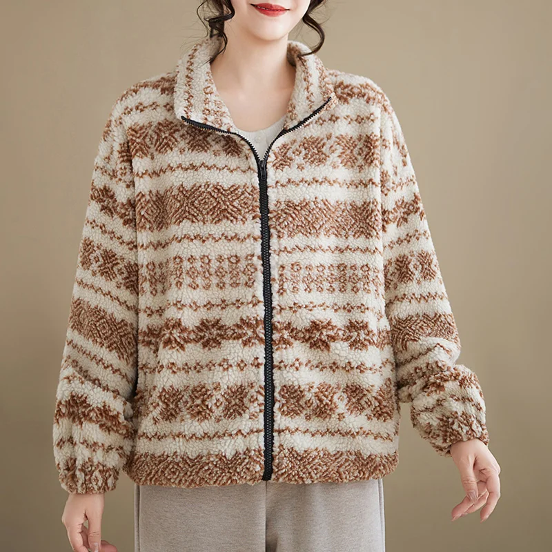 الخريف الشتاء Thiened معطف الصوف السيدات حجم كبير فضفاض طويل Sve سستة حتى مخطط المرأة ملابس خارجية Jaet