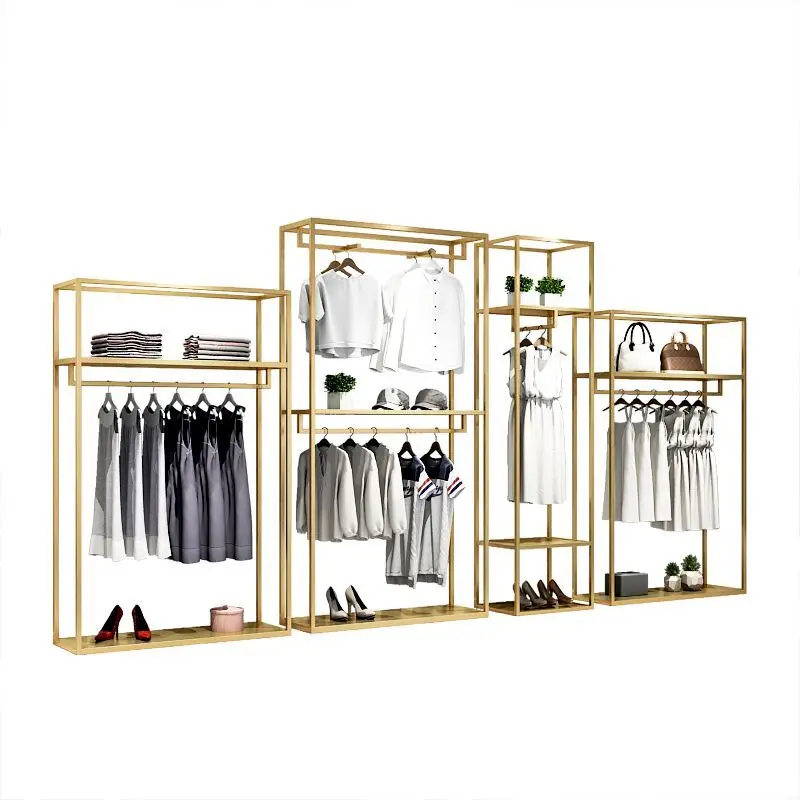 comercial luxo display garment rack prateleira de roupas personalizadas metal brilhante boutique vestuario rack para lojas 01