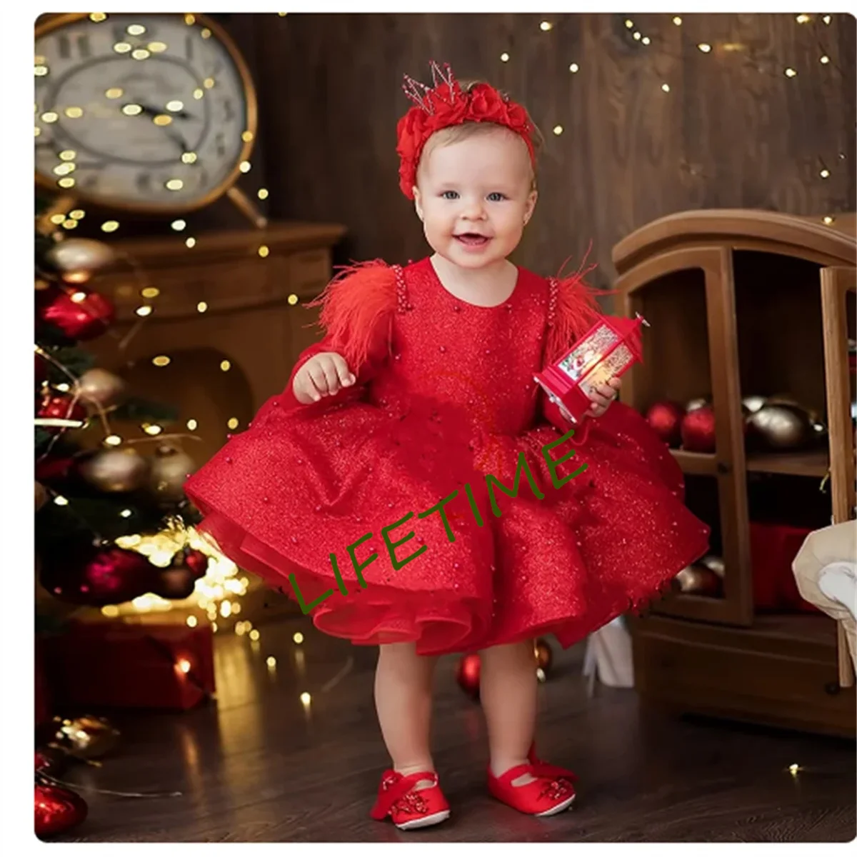 Red Flower Girl Dresses Round neckband for Kids 2024 Knee Length Summer Full Sleeve Wedding Party Dresses Feather Communion