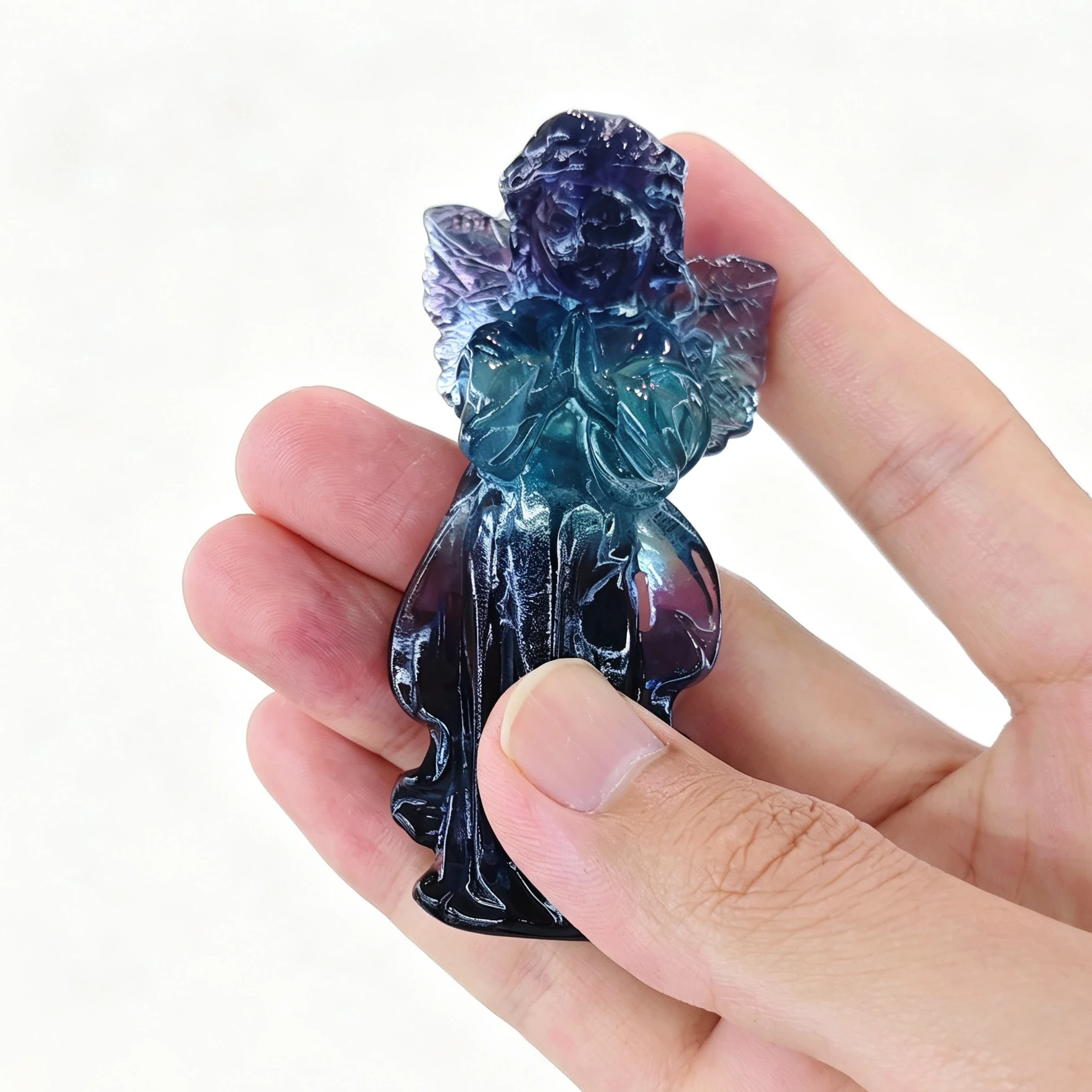 Natural Rainbow Fluorite Carved Angel Figurine Praying Guardian Statue Dark Blue Purple Fluorite Home Decor Gift Random Dispatch