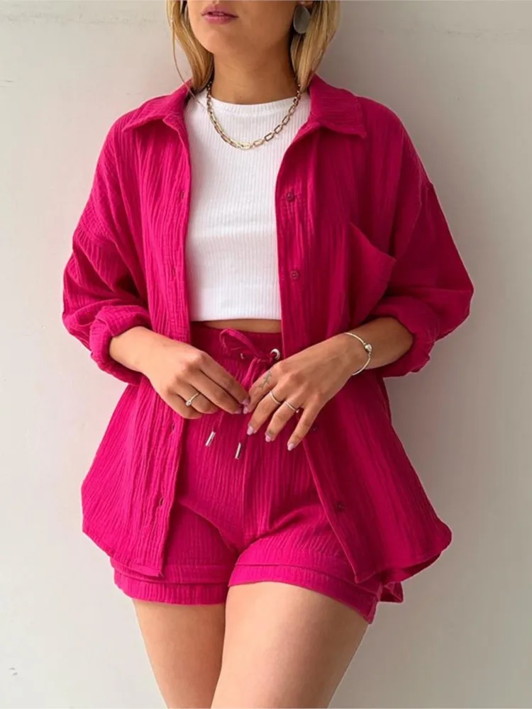 New In Matching Sets Women Pleated Turn-down Neck Sleep Two Piece Set High Waist Drawstring Casual Button Outfits Shorts Sets