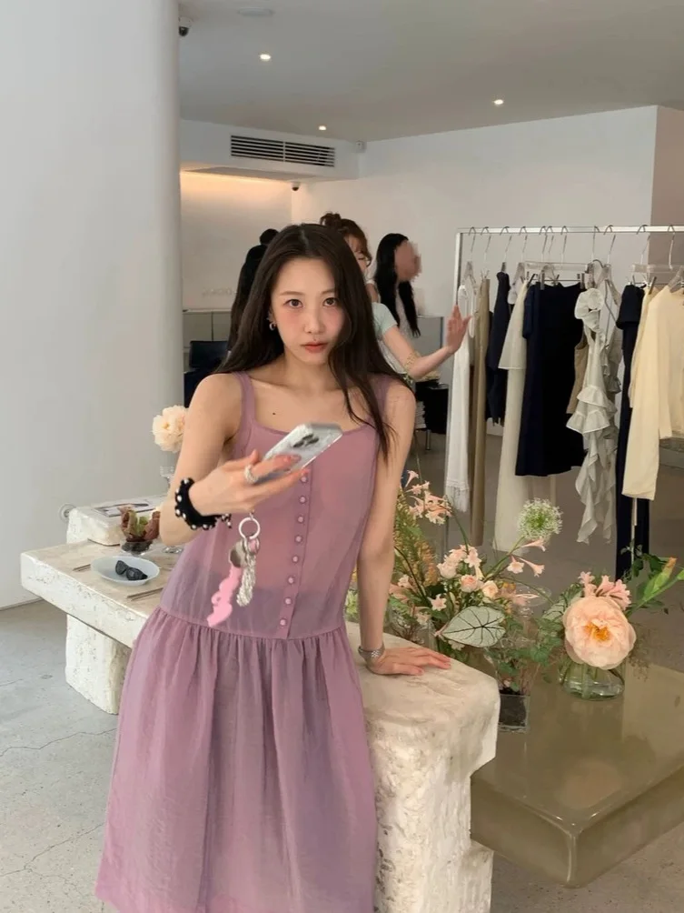 

Корейское платье-миди в стиле Чжан Цзысюань на пуговицах с бретелями, женское, нежное, свободное, стройнящее, многослойное, элегантное, весеннее, повседневное