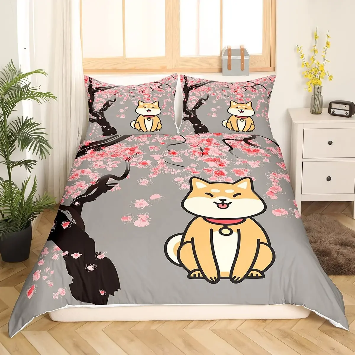 Cartoon Shiba Inu King Queen Bedding Set Yellow Pet Puppy Duvet Cover Cherry Blossoms Tree Quilt Cover Polyester Comforter Cover