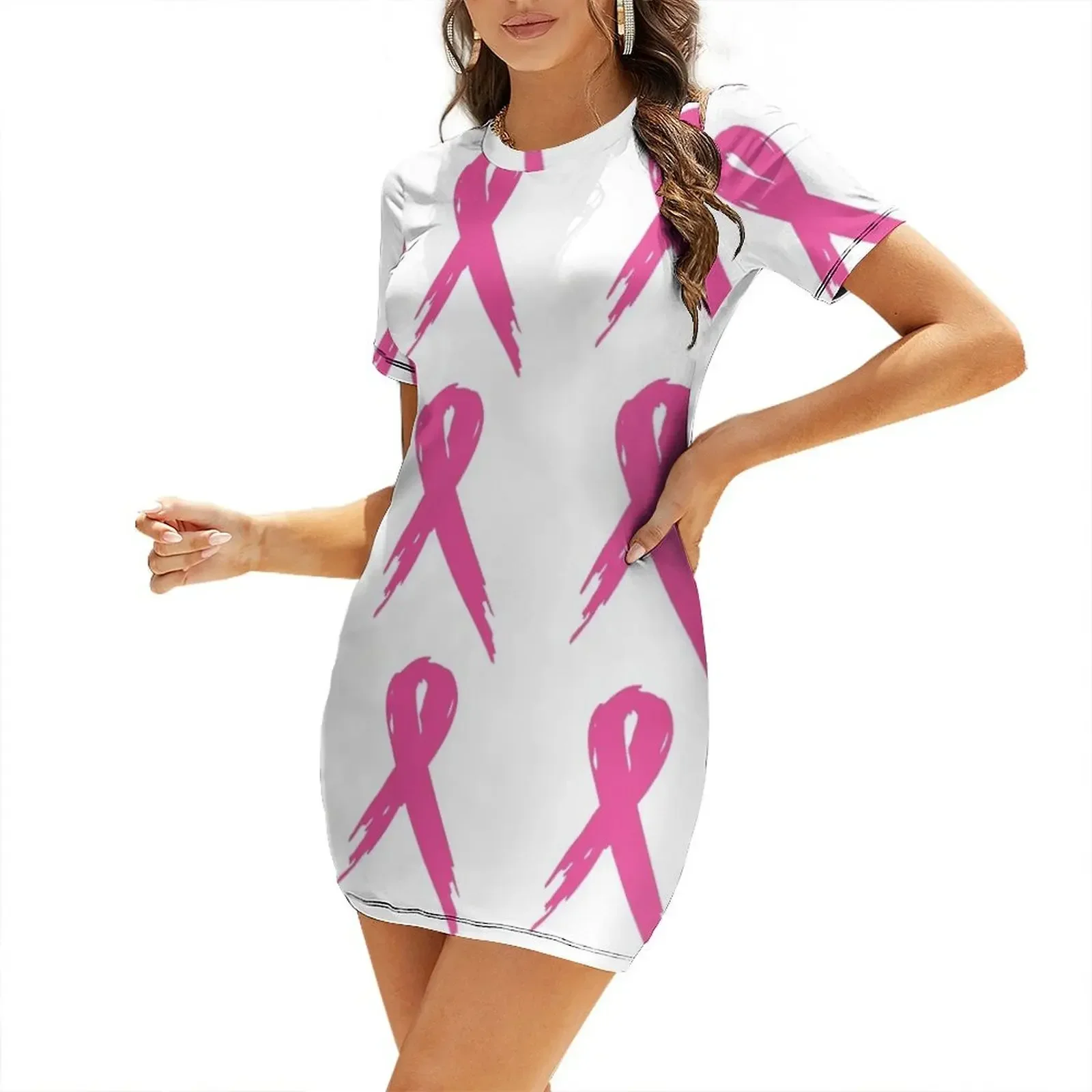 Cancer For-Breast-Cancer-Awareness Perfect Gift Pink Ribbon Butterflies Fitted A-Line Kicking Cancers Short-Sleeved Dress