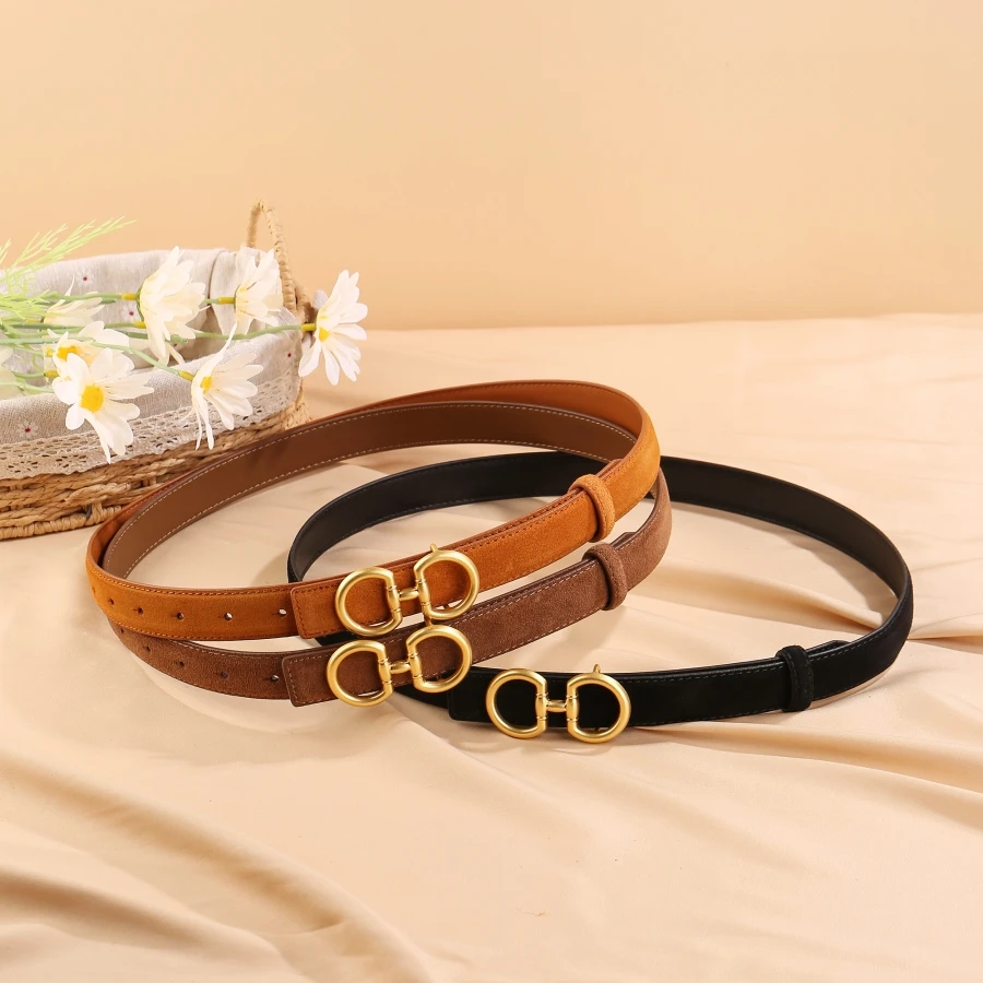 

Skinny Suede Cowhide Leather Belts for Women Adjustable Thin Waist Belt with Gold Buckle for Dress Jeans
