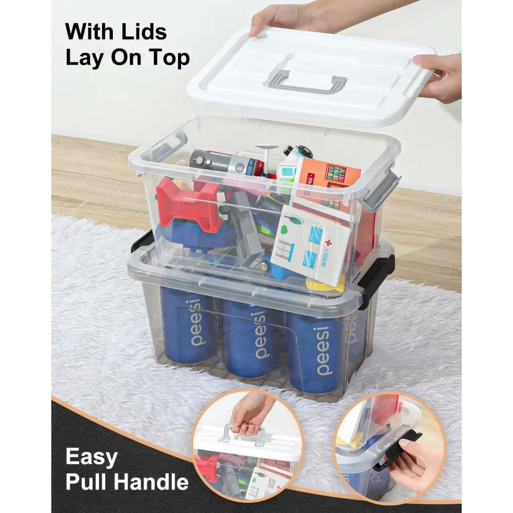 Caixas de armazenamento de plástico transparente com tampas, organizador empilhável para despensa de escritório doméstico, alça fácil e travas de fivela, pacote com 6