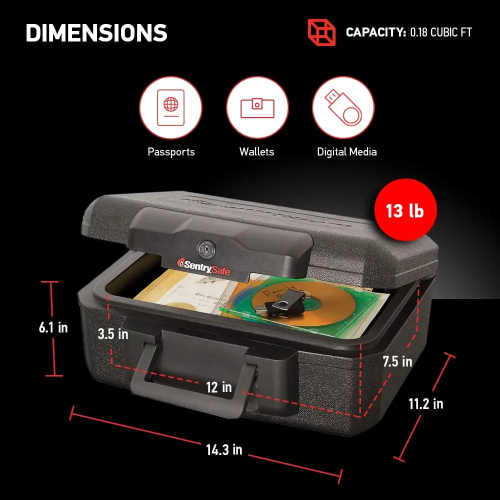 Cassetta di sicurezza resistente al fuoco con serratura a chiave 0,18 Cu. piedi, Nero