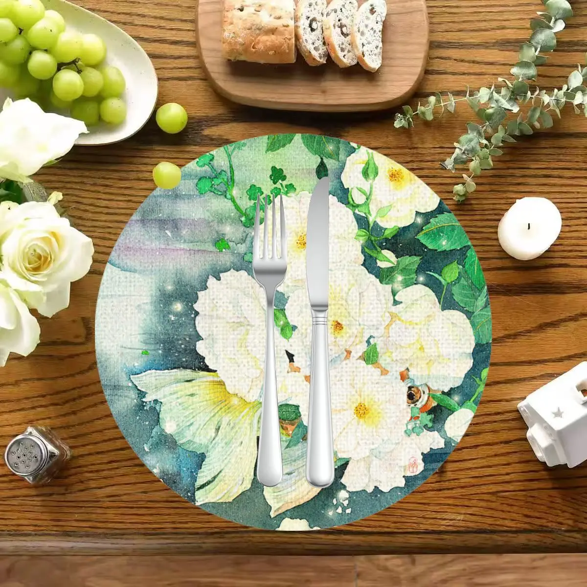 VIKAMA Runde Aquarell-Tischsets mit Weißen Pfingstrosen und Goldfischen, Hitzebeständige Rutschfeste Tischmatten für Orientalische Landhausdekoration