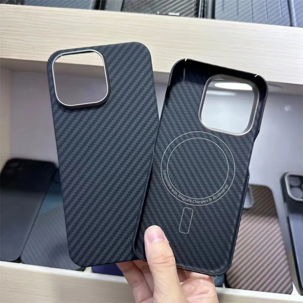 

Magnetic Genuine Real Carbon Fiber Aramid Slim Case for iPhone 15 Pro Max 15Pro Metal Ring Armor Cover