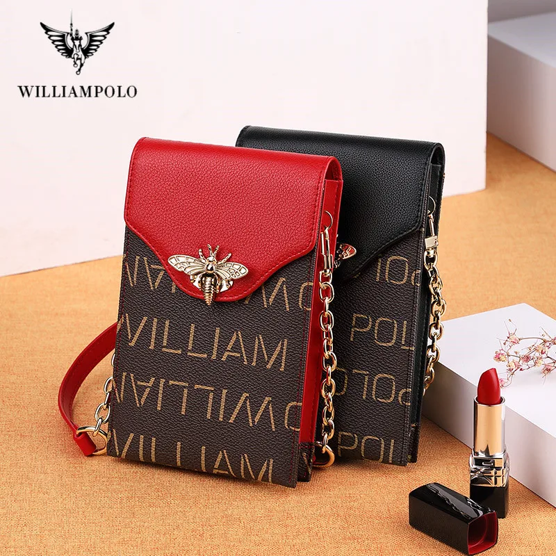 WILLIAMPOLO Women\'s Wallet Shoulder Mini Leather Bags Straps Mobile Phone Big Card Holders Wallet Handbag Money Pockets Girls