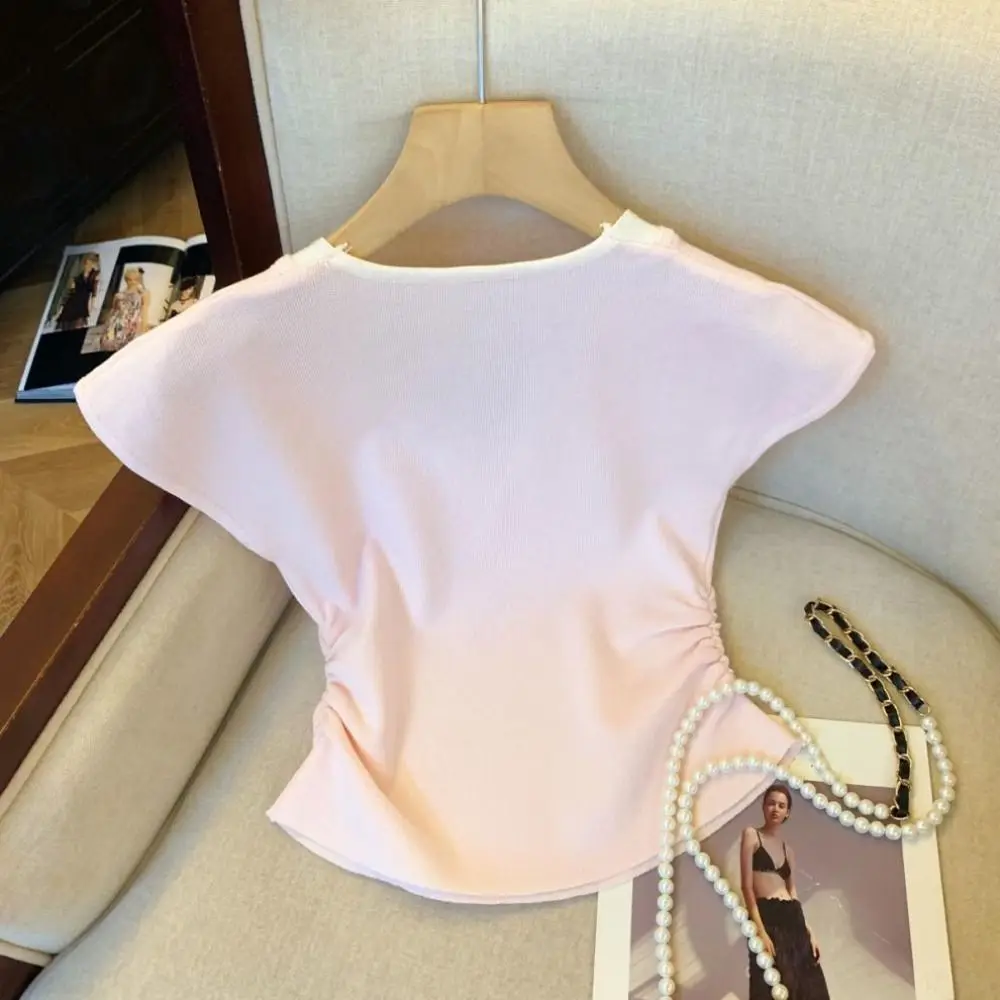 

Temperamnet Patchwork Fake Two Pieces T-shirts Short Sleeve Korean Style Slim Crop Top V-neck Sweet Girl's Top Seaside