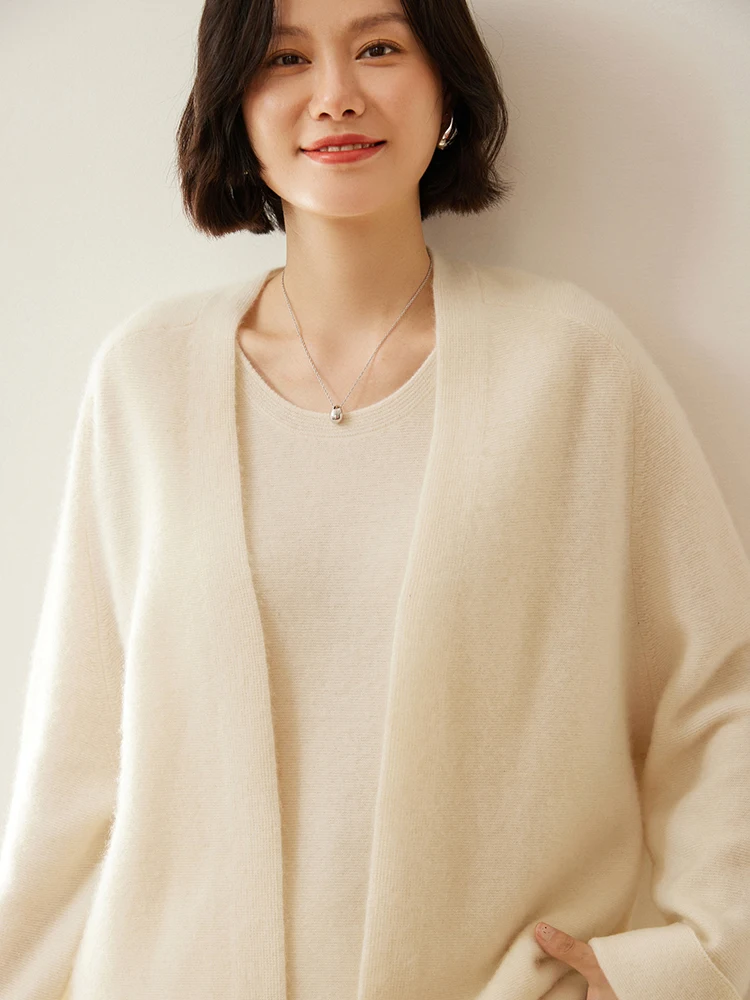 Women Warm Soft Cardigan Autumn Winter Temperament Long Sleeves 100% Cashmere Sweater Casual Loose Solid Korean Style Tops